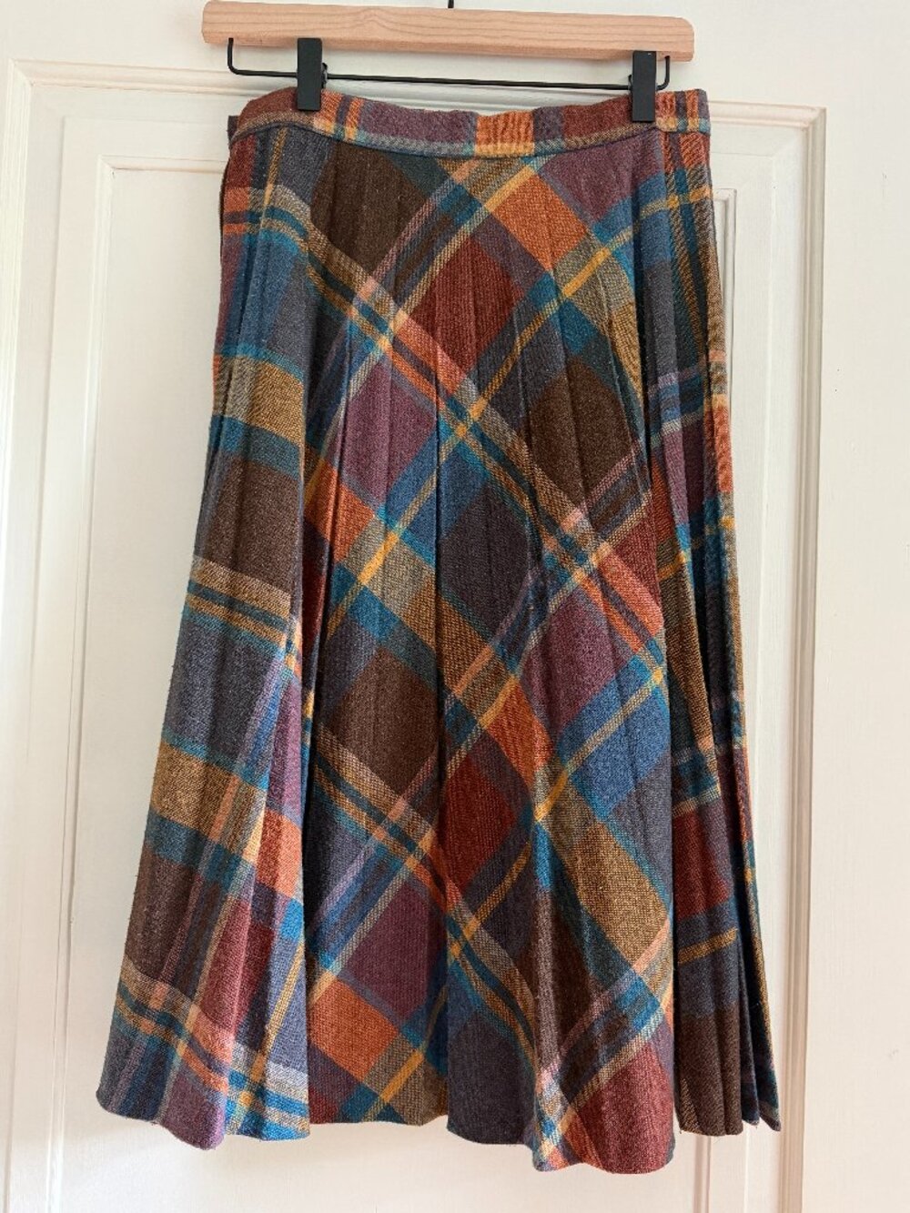 Vintage Plaid Wool Midi Skirt A-Line High Waist